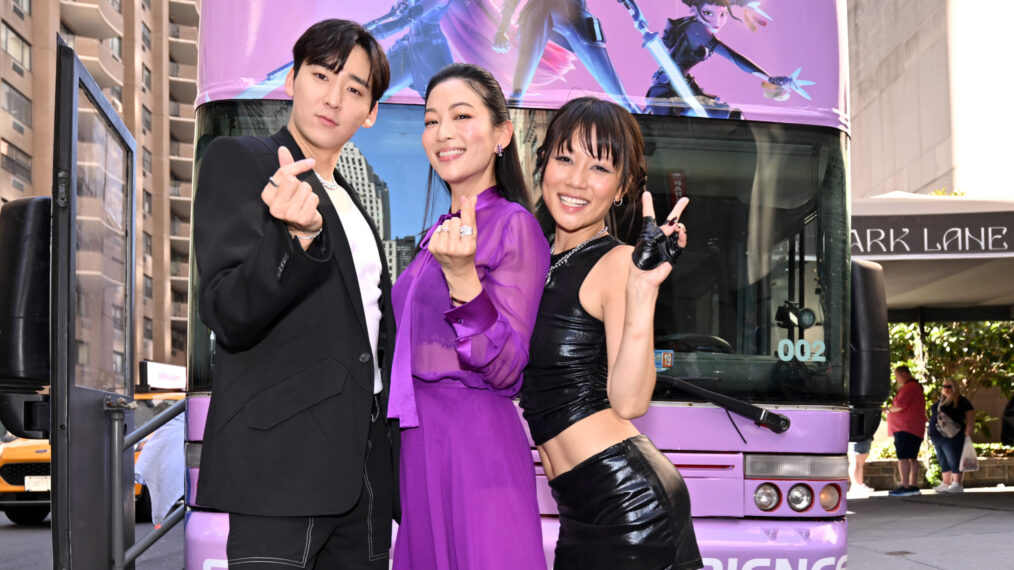 Kevin Woo, Arden Cho, and Rei Ami attend the KPop Demon Hunters: A Sing-Along Event fan surprise at Paris Theater on August 23, 2025, in New York City