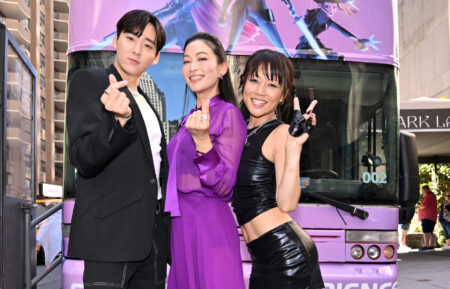 Kevin Woo, Arden Cho, and Rei Ami attend the KPop Demon Hunters: A Sing-Along Event fan surprise at Paris Theater on August 23, 2025, in New York City