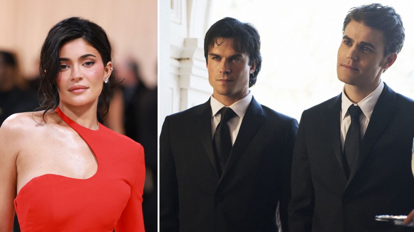 Kylie Jenner at the 2023 Met Gala; Damon and Stefan Salvatore in 'The Vampire Diaries'