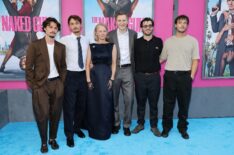 Dylan Jagger Lee, Brandon Thomas Lee, Pamela Anderson, Liam Neeson, Daniel Neeson, and Micheál Neeson attend 'The Naked Gun' New York Premiere on July 28, 2025 in New York City.