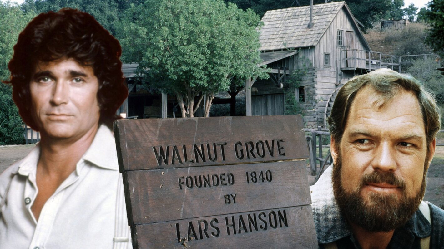 Little House on The Prairie set collage with Michael Landon and Merlin Olsen