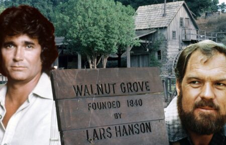 Little House on The Prairie set collage with Michael Landon and Merlin Olsen