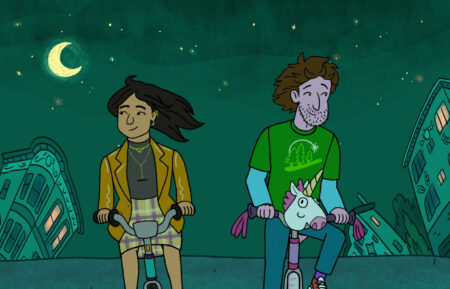 Gina Rodriguez as Baby Feldstein and Max Greenfield as Yoshi Schwooper in 'Long Story Short' Season 1