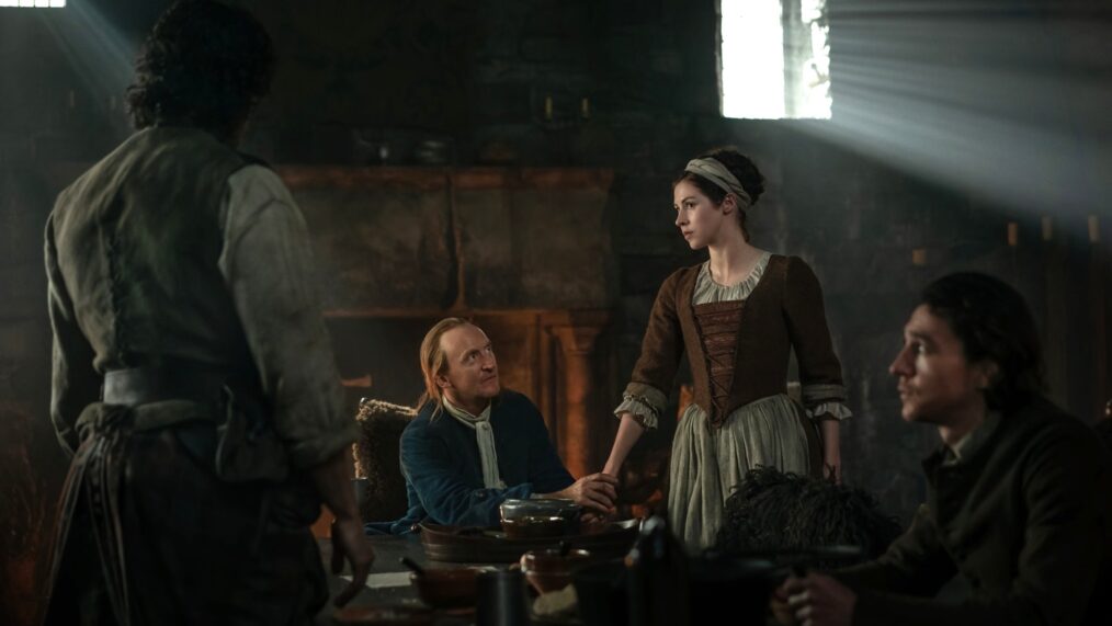 Jamie Roy, Tony Curran, Hermione Corfield, and Rory Alexander in 'Outlander: Blood of My Blood' Season 1