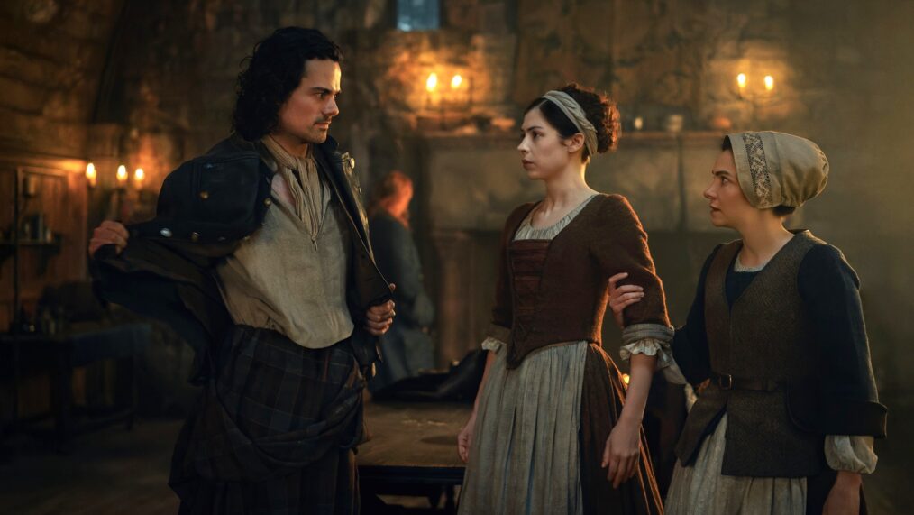 Jamie Roy, Hermione Corfield, and Sara Vickers in 'Outlander: Blood of My Blood' Season 1