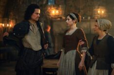 Jamie Roy, Hermione Corfield, and Sara Vickers in 'Outlander: Blood of My Blood' Season 1
