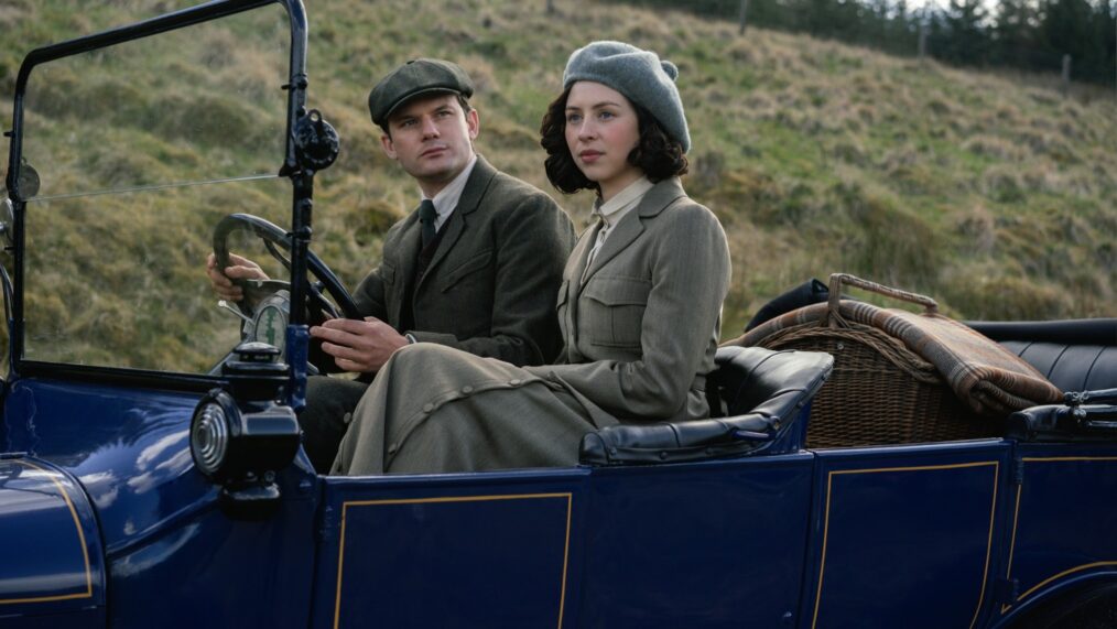 Jeremy Irvine and Hermione Corfield in 'Outlander: Blood of My Blood' Season 1