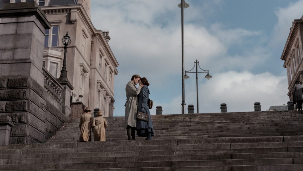 Hermione Corfield and Jeremy Irvine in 'Outlander: Blood of My Blood' Season 1