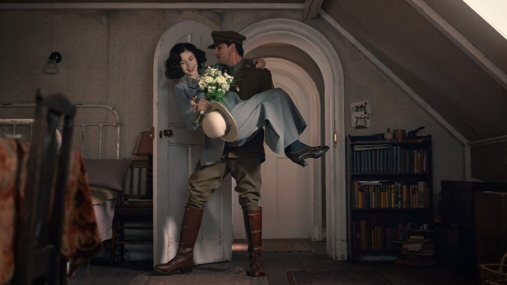Hermione Corfield and Jeremy Irvine in 'Outlander: Blood of My Blood' Season 1