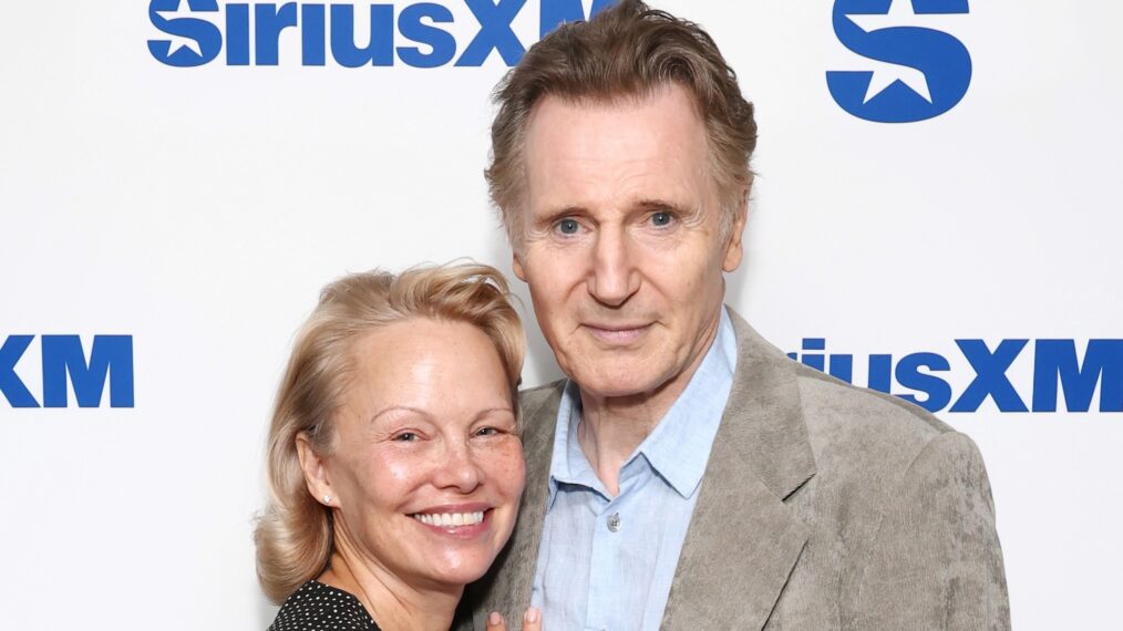 Pamela Anderson and Liam Neeson attend SiriusXM's Town Hall with the cast of 'The Naked Gun' hosted by Andy Cohen at SiriusXM Studios on July 30, 2025 in New York City.