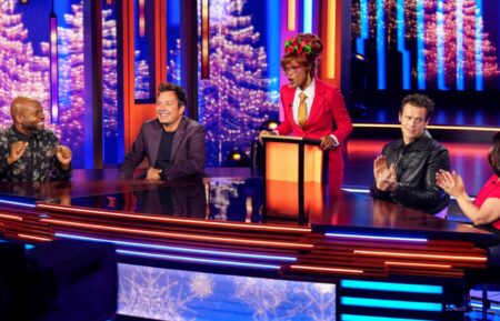PASSWORD -- 2025 Holiday Episode -- Pictured: (l-r) A contestant, Jimmy Fallon, Keke Palmer, Jonathan Groff, and a contestant --