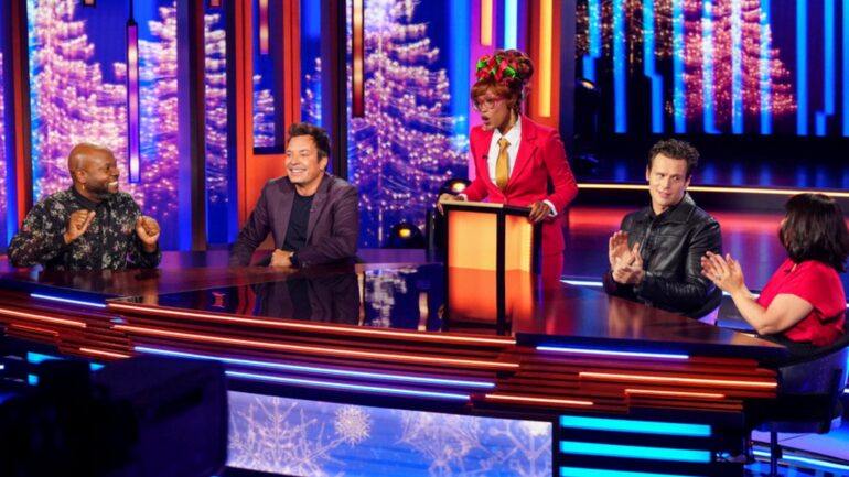 PASSWORD -- 2025 Holiday Episode -- Pictured: (l-r) A contestant, Jimmy Fallon, Keke Palmer, Jonathan Groff, and a contestant --