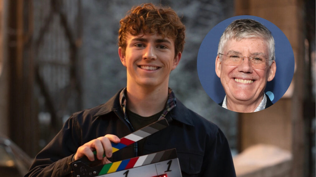Walker Scobell on set of 'Percy Jackson and the Olympians' Season 3; Rick Riordan (inset)