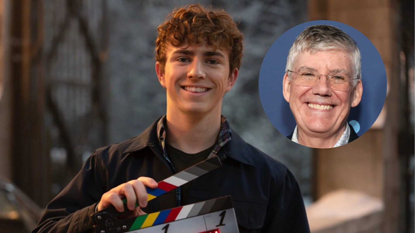 Walker Scobell on set of 'Percy Jackson and the Olympians' Season 3; Rick Riordan (inset)