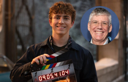 Walker Scobell on set of 'Percy Jackson and the Olympians' Season 3; Rick Riordan (inset)