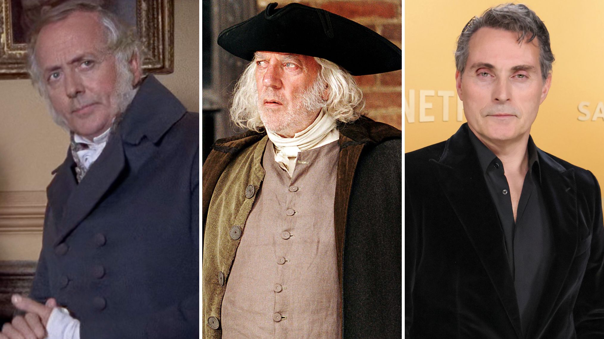 Benjamin Whitrow as Mr. Bennet in 'Pride and Prejudice (1995)'; Donald Sutherland as Mr. Bennet in 'Pride and Prejudice (2005)'; Rufus Sewell