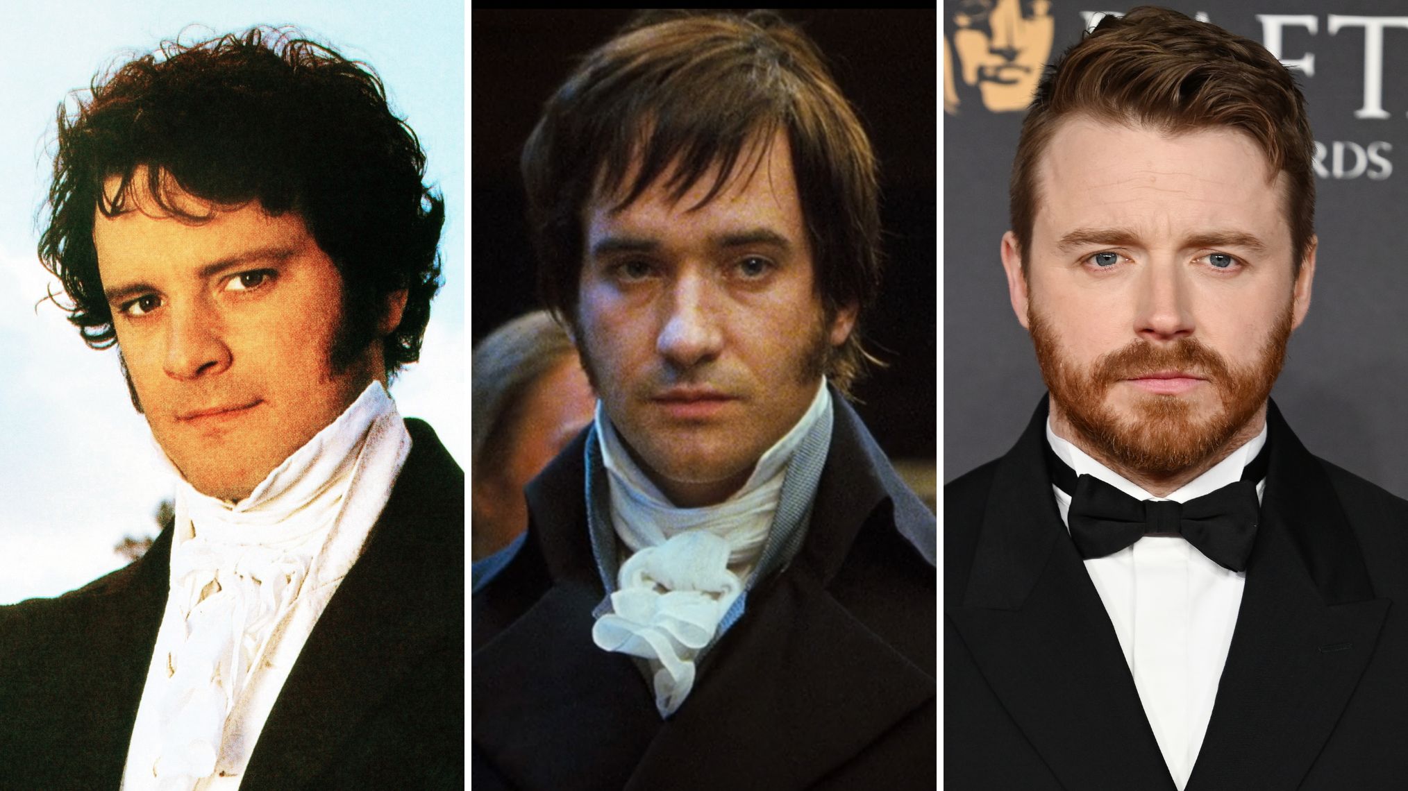 Colin Firth as Mr. Darcy in 'Pride and Prejudice (1995)'; Matthew Mcfadyen as Mr. Darcy in 'Pride and Prejudice (2005)'; Jack Lowden