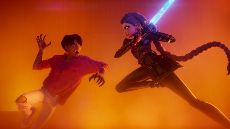 KPOP DEMON HUNTERS - (L-R) Jinu (voice by AHN HYO-SEOP) and Rumi (voice by ARDEN CHO)