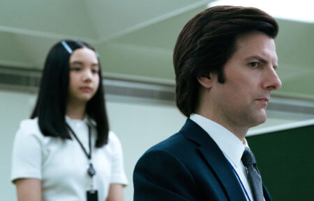 Sarah Bock as Miss Huang and Adam Scott as Mark S. in 'Severance'