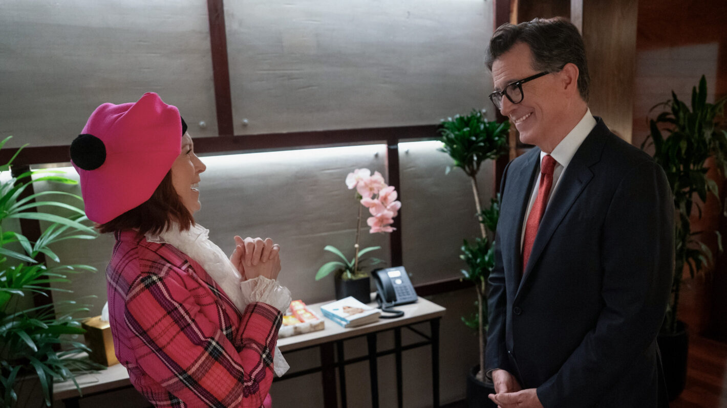 Stephen Colbert as Scotty Bristol and Carrie Preston as Elsbeth Tascioni in 'Elsbeth' Season 3 Episode 1
