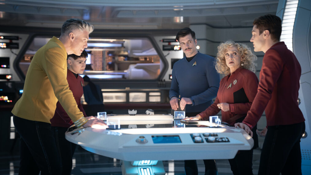 Anson Mount as Capt. Pike, Melissa Navia as Erica Ortegas, Dan Jeannotte as Sam Kirk, Carol Kane as Pelia and Martin Quinn as Scotty — 'Star Trek: Strange New Worlds' Season 3 Episode 5 'Through the Lens of Time'