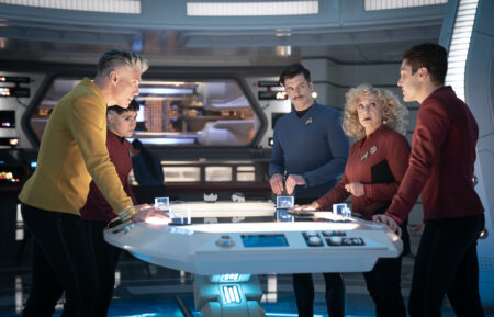 Anson Mount as Capt. Pike, Melissa Navia as Erica Ortegas, Dan Jeannotte as Sam Kirk, Carol Kane as Pelia and Martin Quinn as Scotty — 'Star Trek: Strange New Worlds' Season 3 Episode 5 