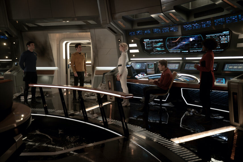Ethan Peck as Spock, Paul Wesley as Kirk, Jess Bush as Chapel, Martin Quinn as Scotty and Celia Rose Gooding as Uhura — 'Star Trek: Strange New Worlds' Season 3 Episode 6 "The Sehlat Who Ate Its Tail"