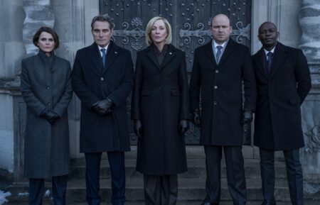 Keri Russell as Kate Wyler, Rufus Sewell as Hal Wyler, Allison Janney as Grace Penn, Rory Kinnear as Nicol Trowbridge, David Gyasi as Austin Dennison in 'The Diplomat' Season 3 Episode 8