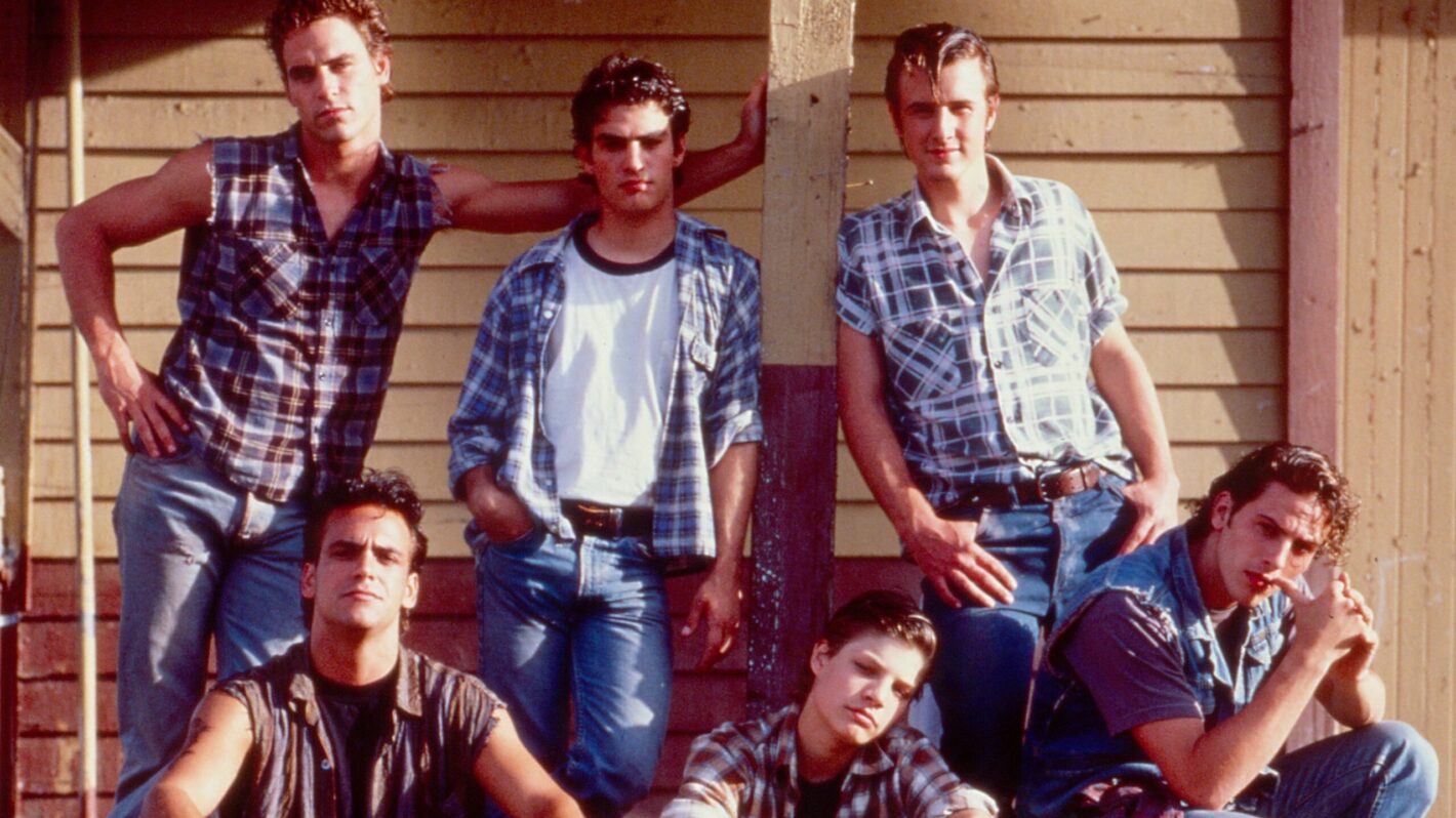 THE OUTSIDERS, front from left: Robert Rusler, Jay R. Ferguson, Harold Pruett; back from left: Boyd Kestner, Rodney Harvey, David Arquette, 1990.