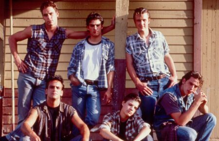THE OUTSIDERS, front from left: Robert Rusler, Jay R. Ferguson, Harold Pruett; back from left: Boyd Kestner, Rodney Harvey, David Arquette, 1990.