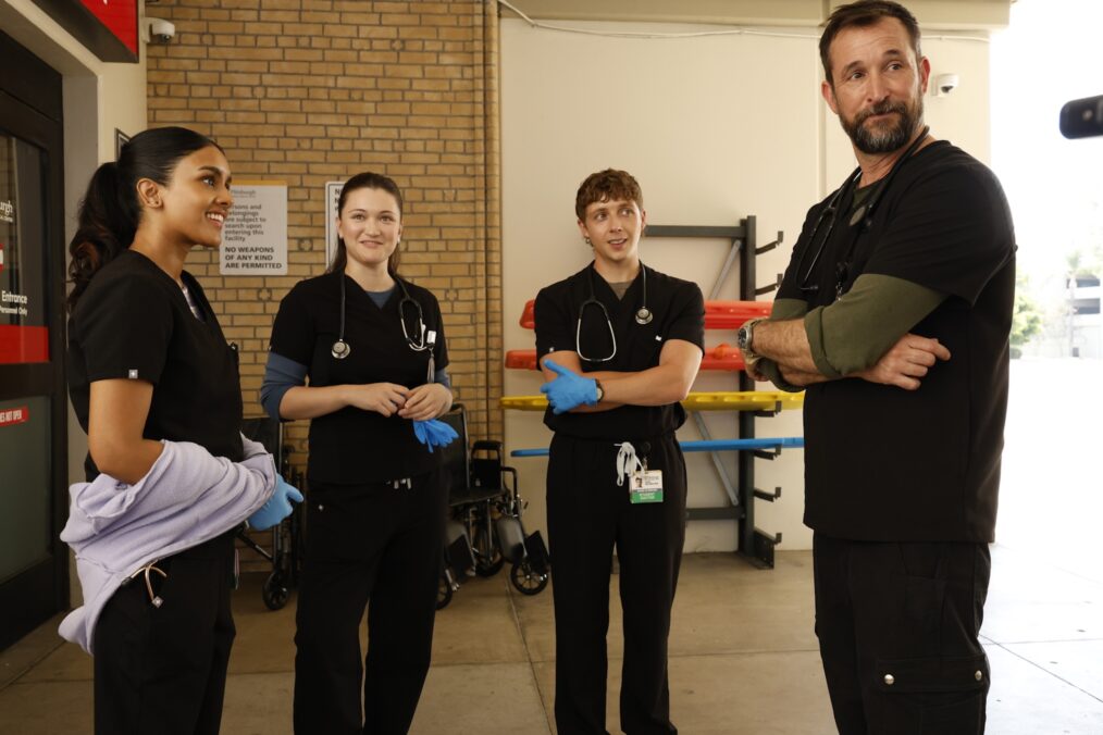 Shabana Azeez as Javadi, Isa Briones as Santos, Gerran Howell as Whitaker, and Noah Wyle as Robby — 'The Pitt' Season 2