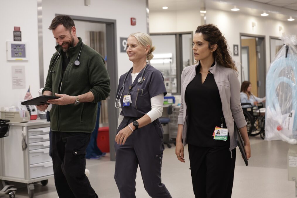 Noah Wyle as Robby, Katherine LaNasa as Dana, and Sepideh Moafi as Al-Hashimi — 'The Pitt' Season 2