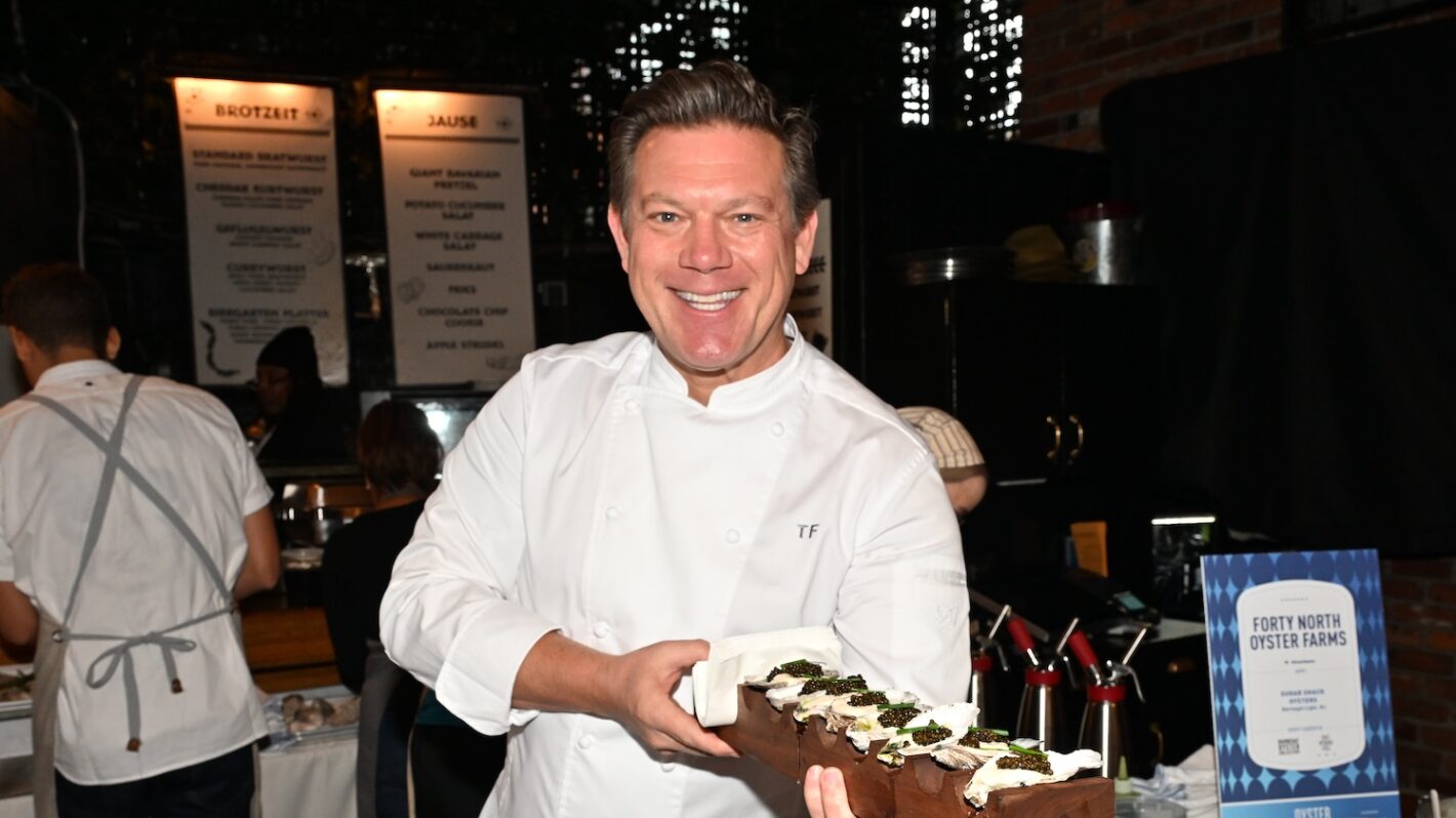 Chef Tyler Florence attends the Food Network New York City Wine & Food Festival presented by Capital One - Oyster Bash presented by Barnegat Oyster Collective and Go Fish Co. sponsored by Modelo hosted by Tyler Florence at The Standard, High Line, Biergarten & Garden on October 14, 2023 in New York City.