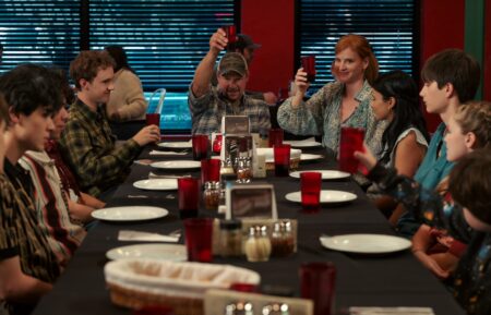 My Life with the Walter Boys. (L to R) Corey Fogelmanis as Nathan, Isaac Arellanes as Isaac, Myles Perez as Lee, Connor Stanhope as Danny, Marc Blucas as George, Sarah Rafferty as Katherine, Nikki Rodriguez as Jackie, Dean Petriw as Jordan, Alix West Lefler as Parker, Lennix James as Benny in episode 201 of My Life with the Walter Boys. Cr. Courtesy of Netflix © 2025
