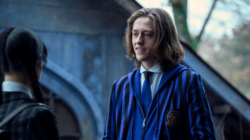 Wednesday. (L to R) Jenna Ortega as Wednesday Addams, Percy Hynes White as Xavier Thorpe in episode 104 of Wednesday.
