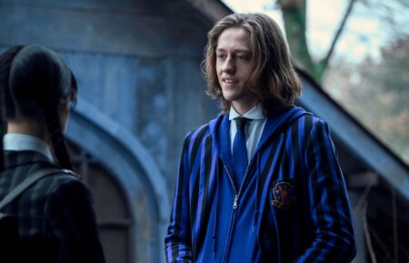 Jenna Ortega as Wednesday Addams, Percy Hynes White as Xavier Thorpe in episode 104 of Wednesday