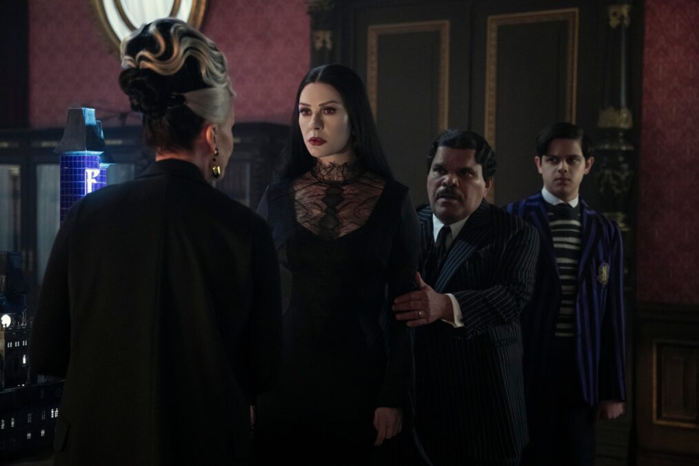 Joanna Lumley, Catherine Zeta-Jones, Luis Guzman, and Isaac Ordonez in 'Wednesday' Part 2