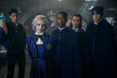 Noah B. Taylor, Emma Myers, Joy Sunday, Oliver Watson, and Georgie Farmer in 'Wednesday' Season 2