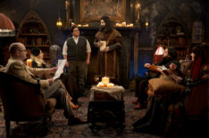 Mark Proksch as Colin Robinson, Kristen Schaal as The Guide, Harvey Guillén as Guillermo, Kayvan Novak as Nandor, Matt Berry as Laszlo, and Natasia Demetriou as Nadja in 'What We Do in the Shadows' Season 6