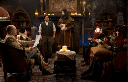 Mark Proksch as Colin Robinson, Kristen Schaal as The Guide, Harvey Guillén as Guillermo, Kayvan Novak as Nandor, Matt Berry as Laszlo, and Natasia Demetriou as Nadja in 'What We Do in the Shadows' Season 6