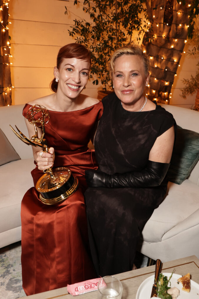Britt Lower (L) and Patricia Arquette attend the 2025 Apple TV+ Emmy Awards Celebration at Ysabel on September 14, 2025 in West Hollywood, California.