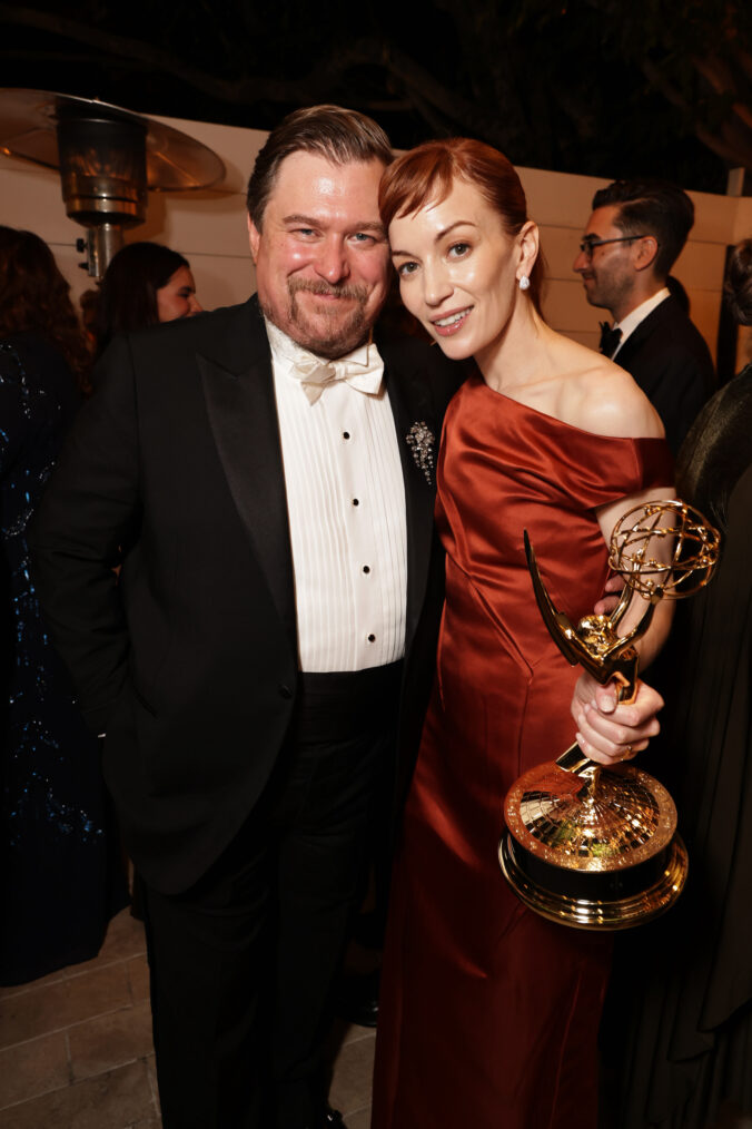 Michael Chernus (L) and Britt Lower attend the 2025 Apple TV+ Emmy Awards Celebration at Ysabel on September 14, 2025 in West Hollywood, California.