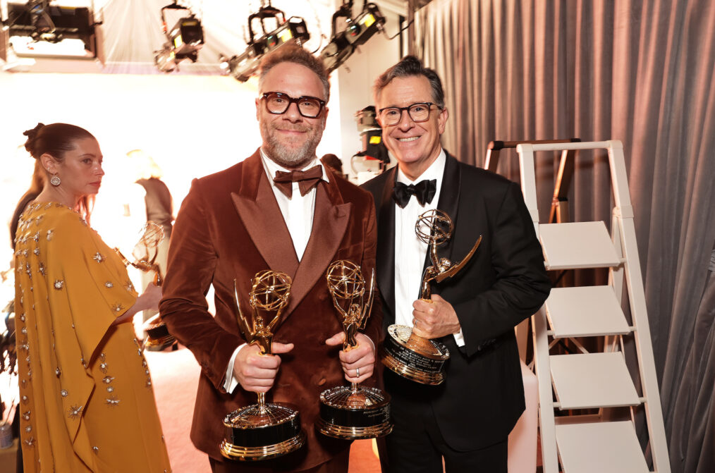 Seth Rogen (L) and Stephen Colbert attend the 2025 Apple TV+ Emmy Awards Celebration at Ysabel on September 14, 2025 in West Hollywood, California.