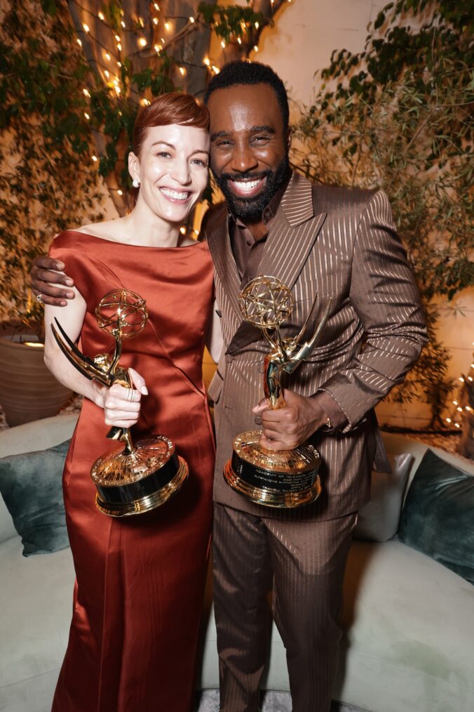 Britt Lower (L) and Tramell Tillman attend the 2025 Apple TV+ Emmy Awards Celebration at Ysabel on September 14, 2025 in West Hollywood, California.