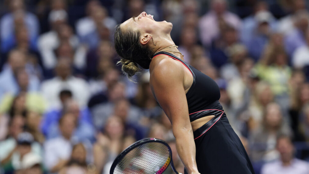 Aryna Sabalenka celebrates after defeating Jessica Pegula of the United States during their Women's Singles Semifinal match on Day Twelve of the 2025 US Open at USTA Billie Jean King National Tennis Center on September 4, 2025 in the Flushing neighborhood of the Queens borough of New York City.