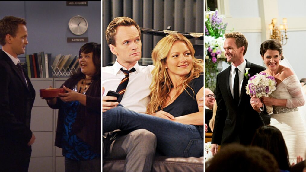 Neil Patrick Harris, Ellen D. Williams, Becki Newton, and Cobie Smulders, as Barney, Patrice, Quinn, and Robin on How I Met Your Mother