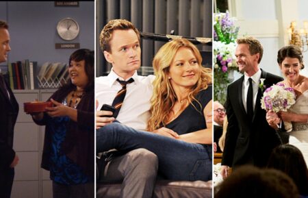 Neil Patrick Harris, Ellen D. Williams, Becki Newton, and Cobie Smulders, as Barney, Patrice, Quinn, and Robin on How I Met Your Mother