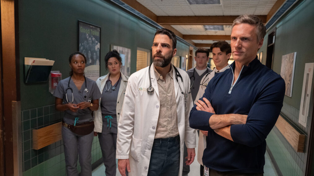 BRILLIANT MINDS -- 'Phantom Hook' Episode 201 -- Pictured: (l-r) Ashleigh LaThrop as Dr. Ericka Kinney, Aury Krebs as Dr. Dana Dang, Zachary Quinto as Dr. Oliver Wolf, Alex MacNicoll as Dr. Van Markus, Brian Altemus as Dr. Charlie Porter, Teddy Sears as Dr. Josh Nichols