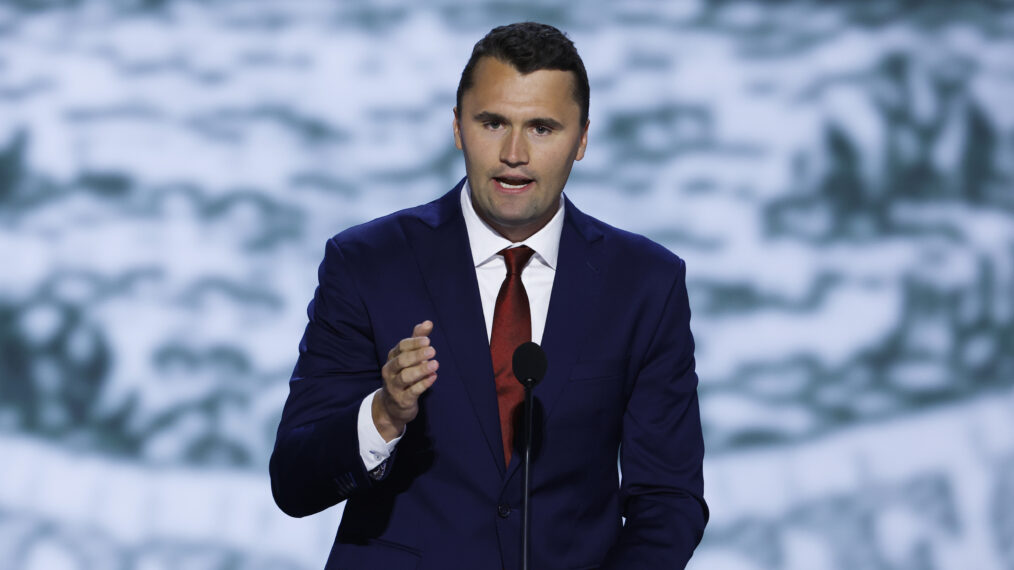 MILWAUKEE, WISCONSIN - JULY 15: CEO of Turning Point USA Charlie Kirk speaks on stage on the first day of the Republican National Convention at the Fiserv Forum on July 15, 2024 in Milwaukee, Wisconsin. Delegates, politicians, and the Republican faithful are in Milwaukee for the annual convention, concluding with former President Donald Trump accepting his party's presidential nomination. The RNC takes place from July 15-18. (Photo by Chip Somodevilla/Getty Images)