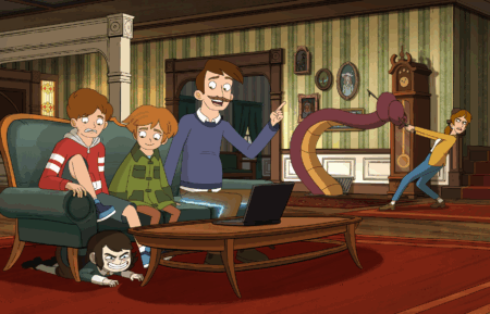 Haunted Hotel (L to R) Skyler Gisondo as Ben, Eliza Coupe as Katherine, Natalie Palamides as Esther, Jimmi Simpson as Abeddon and Will Forte as Nathan in Haunted Hotel. Cr. COURTESY OF NETFLIX © 2025
